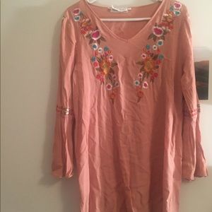 Embroidered tunic dress with flare sleeves